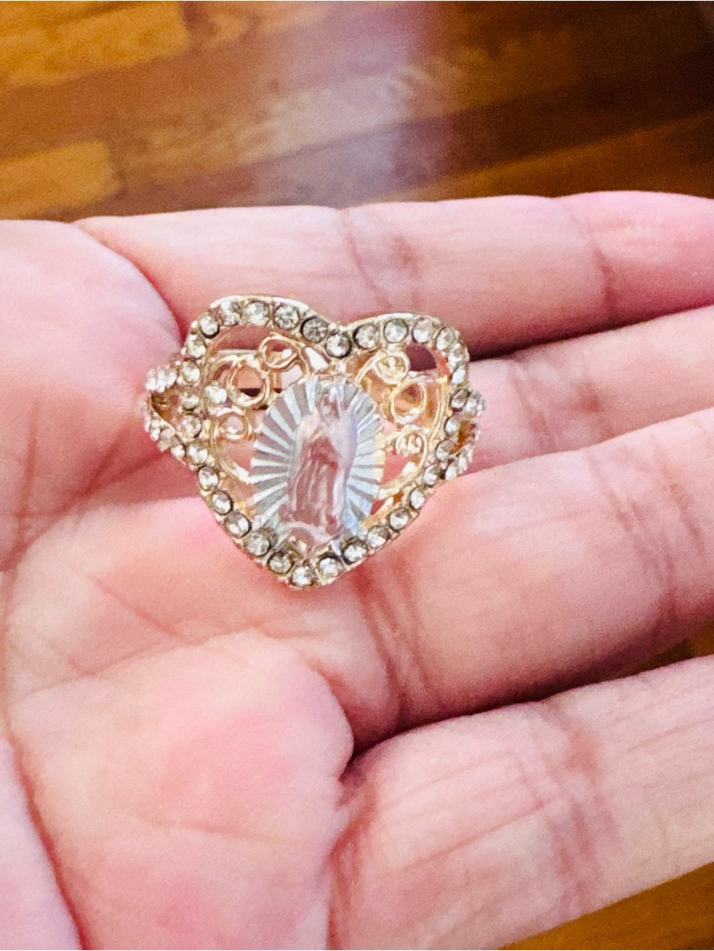 14K Gold Plated Heart Filigree Ring with Virgin Mary figure. Size 9.5. New